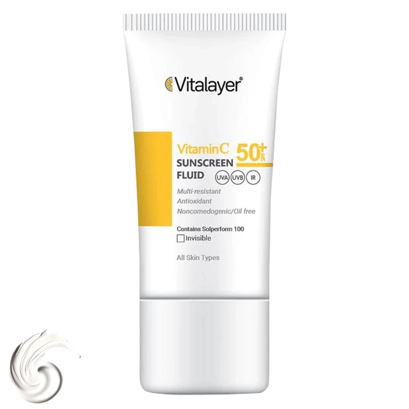 فلوئید ضدآفتاب بی‌رنگ ویتالیر SPF50 مدل Vitamin C، حجم 50 میلی‌لیتر