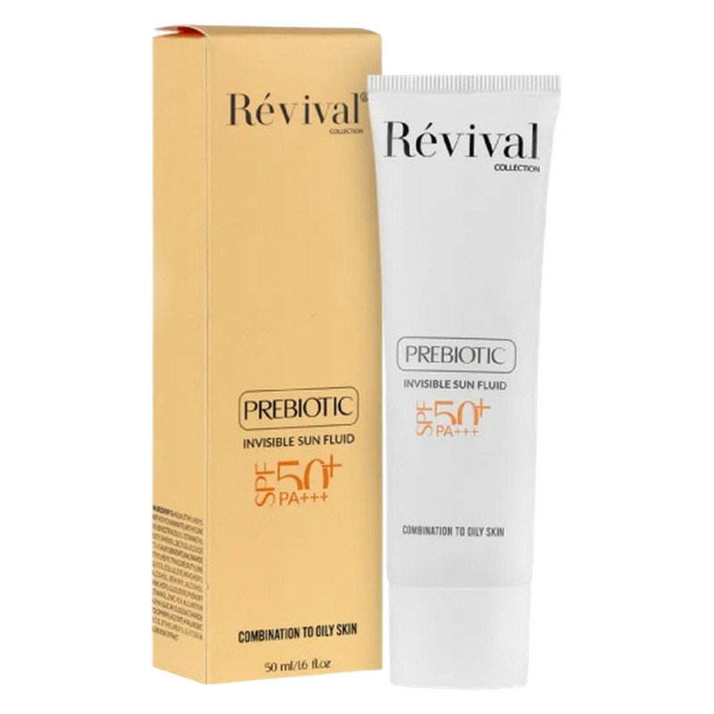 فلوئید ضدآفتاب بی‌رنگ کلکسیون رویوال مدل Prebiotic حجم 50 میلی‌لیتر، محافظت SPF50 و +++PA در برابر UVA و UVB، کنترل چربی و ضد جوش پوست‌های چرب و مختلط، آبرسان با نیاسینامید و ویتامین E، ماندگاری 5 ساعت