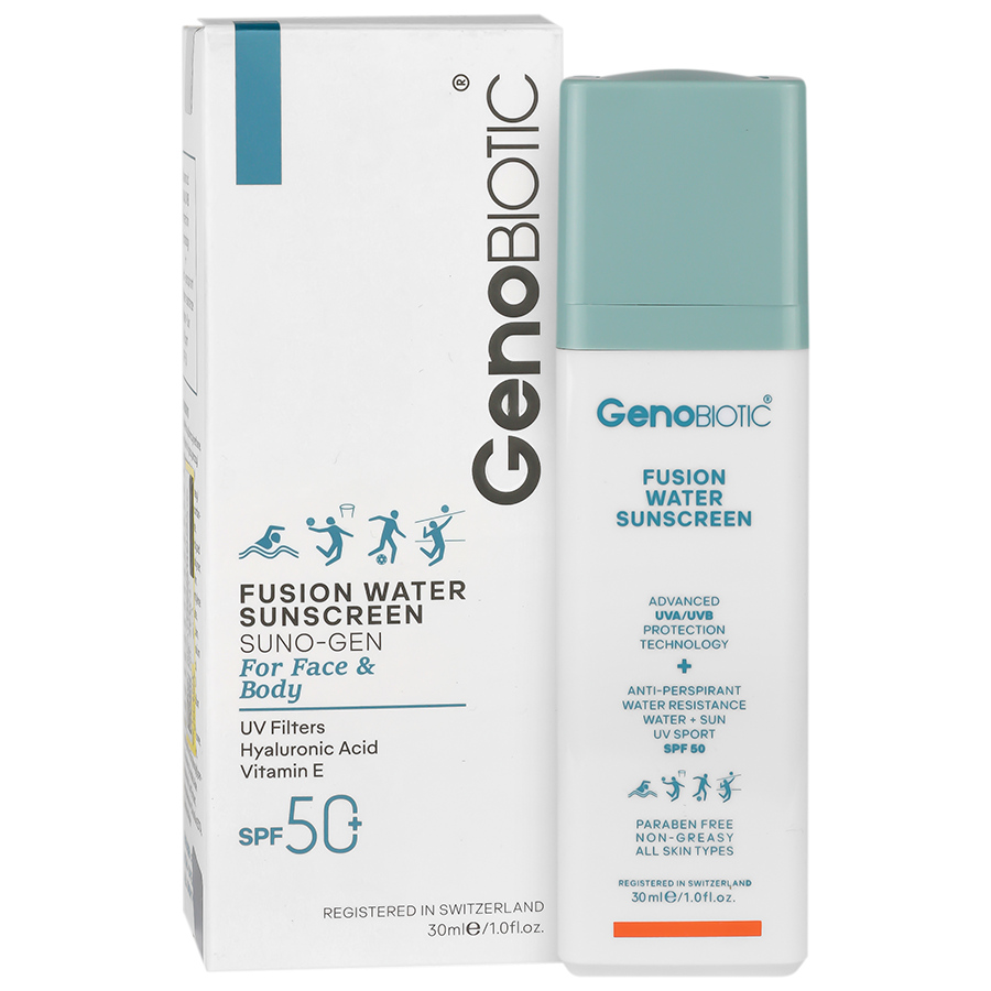 کرم ضد آفتاب ژنوبایوتیک SPF 50 فیوژن واتر مناسب انواع پوست ۳۰ میلی لیتر
